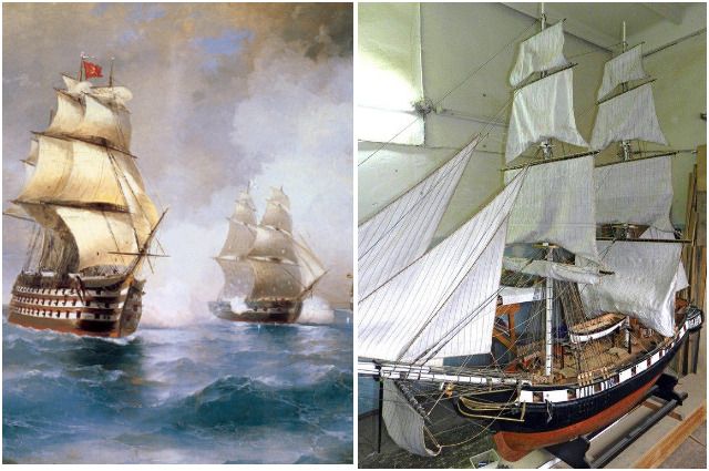Слева - фрагмент картины Ивана Айвазовского «Бриг «Меркурий», атакованный двумя турецкими кораблями». Справа - модель брига, которую создал пермяк Раиф Шайхельахметов.