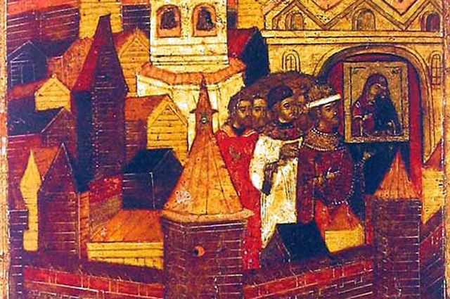 Крестный ход в Ярославском кремле с Толгской иконой по случаю морового поветрия. Фрагмент иконы 1655 года.