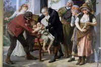 Эдвард Дженнер, переняв опыт у адыгов, делает прививку от оспы в 1796 году в Беркли. Картина Гастона Мелинга.