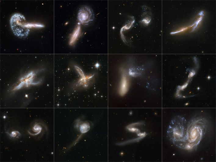 Взаимодействующие галактики. Учебники по астрономии обычно представляют галактики как одинокие и величественные миры сверкающих звезд. Но галактики могут быть расположенные в пространстве достаточно близко, чтобы взаимная гравитация существенно влияла на форму, движение, процессы звездообразования, а в некоторых случаях и на обмен веществами между ними. Снимки 2008 года.