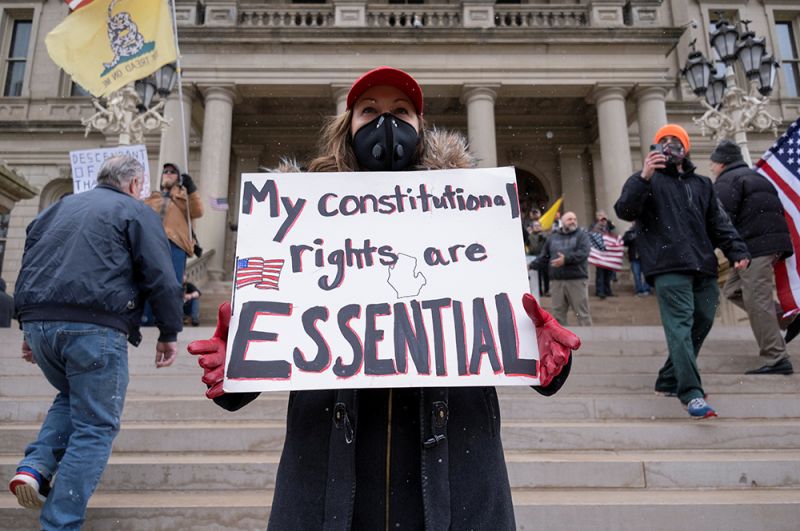 Лансинг, Мичиган. Надпись на плакате: «Мои конституционные права необходимы». 