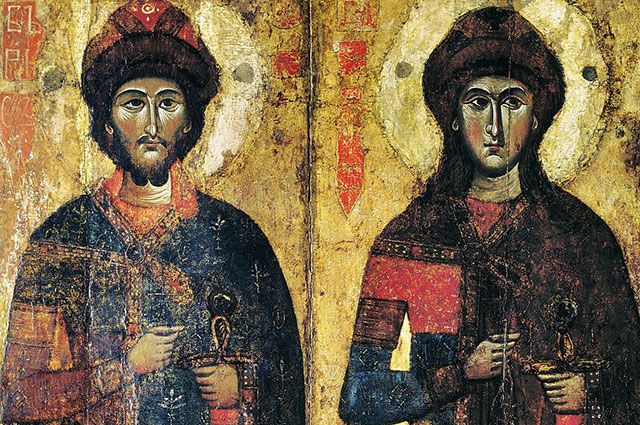 Борис и Глеб. Икона из Савво-Вишерского монастыря, XIII — начало XIV века.