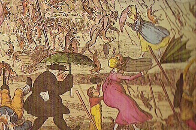 Английская карикатура XIX века, где идёт дождь из вил, собак и котов.