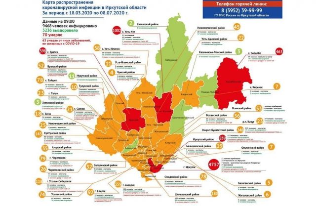 Обновлена карта распространения коронавируса в Иркутской области на 8 июля