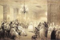 Ассамблея при Петре I. 1861. Неизвестный литограф по рисунку А.И.Шарлеман.