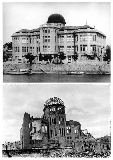 Хиросима до взрыва и после (нижний снимок сделан ориентировочно в октябре 1945 года).