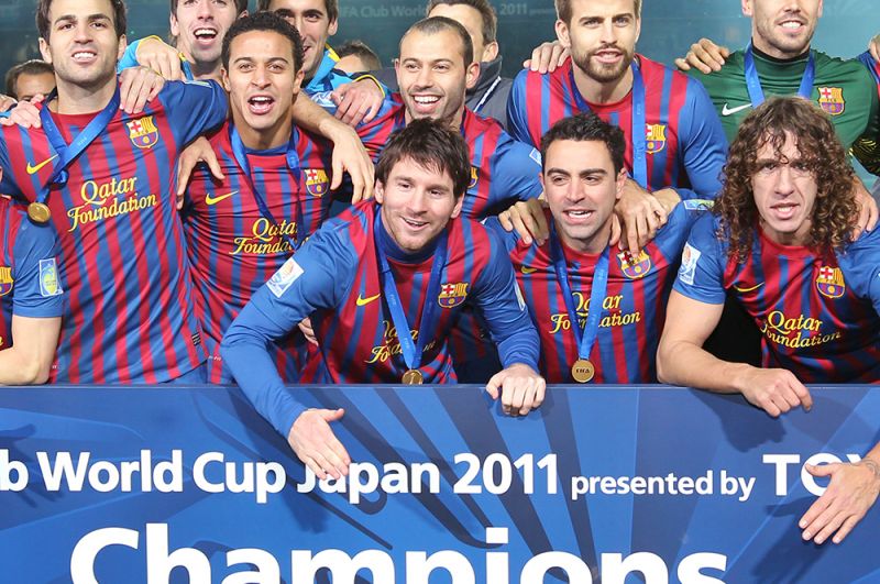 «Барселона» празднует победу после финального матча Клубного чемпионата мира ФИФА между «Сантосом» и «Барселоной» в Йокогаме. 2011 год.