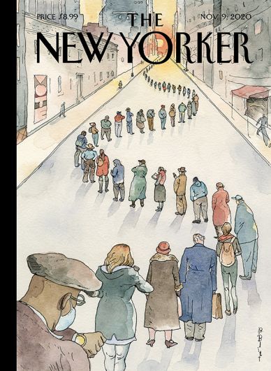 The New Yorker, 9 ноября 2020. На обложке — иллюстрация Барри Блитта «Америка в очереди», посвященная досрочному голосованию на выборах.  