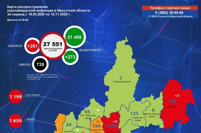 Обновлена карта распространения коронавируса в Приангарье на 12 ноября