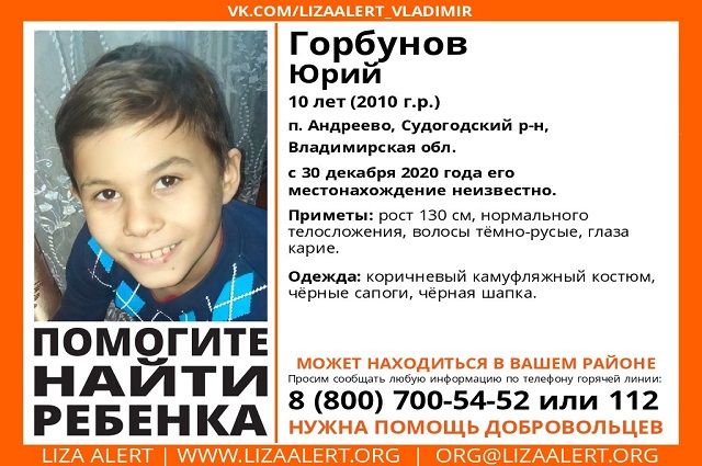 В Судогодском районе пропал 10-летний школьник Юра Горбунов