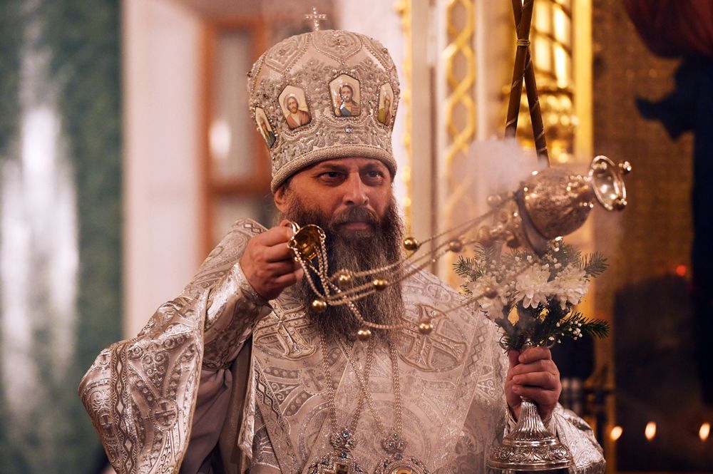Митрополит Новосибирский и Бердский Никодим во время Рождественского богослужения в Вознесенском кафедральном соборе в Новосибирске.