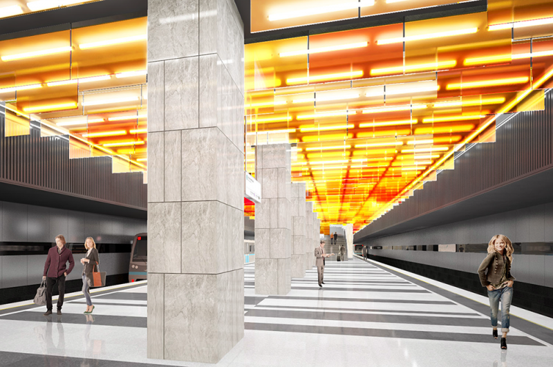 «Новаторская». Станция будет расположена под улицей Новаторов на пересечении с Ленинским проспектом. Главным дизайнерским элементом станет необычный «пламенеющий» потолок. 