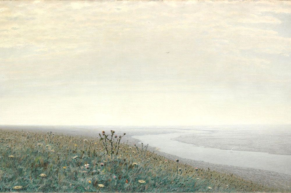 «Днепр утром». 1881. Была последней картиной, выставленной Куинджи перед публикой перед тем, как он полностью отказался от участия в выставках.