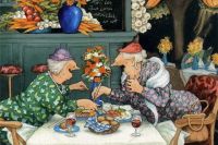 Серия открыток «Веселые старушки» финской художницы Инге Лёёк (Inge Löök, настоящее имя Ingeborg Lievonen), выполненная ею для Красного Креста. 