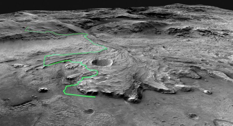 Предполагаемый маршрут марсохода в кратере Джезеро.