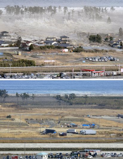 Цунами, захлестывающая 11 марта 2011 года дома в Натори, префектура Мияги, (вверху), и тот же район с волнорезом на фото 14 февраля 2021 года.