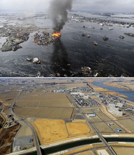 Территория, пострадавшая от цунами (вверху), и тот же район накануне 10-летней годовщины катастрофы, унесшей жизни тысяч людей.