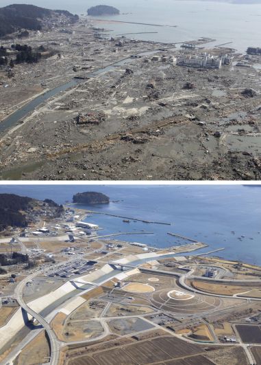 Разрушенный цунами район в Минамисанрику (вверху), и мемориальный парк, разбитый в том же месте - на фото 12 февраля 2021 года.