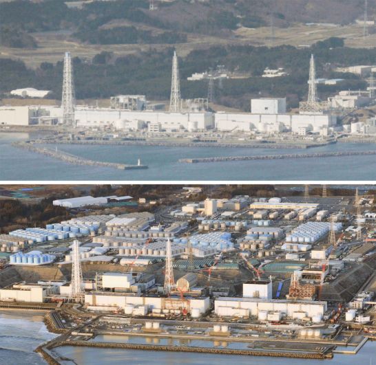 Разрушенная цунами атомная электростанция в префектуре Фукусима на северо-востоке Японии (вверху), и фото того же места, сделанное 14 февраля 2021 года.