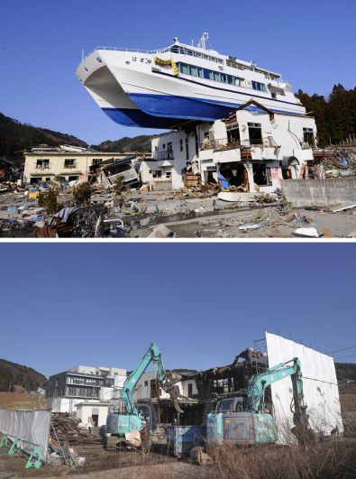 Экскурсионный катер на крыше гостиницы в Оцути на северо-востоке Японии, занесенный туда цунами в 2011 году (вверху), и работы на на том же месте в 2021 году по сносу этой гостиницы.