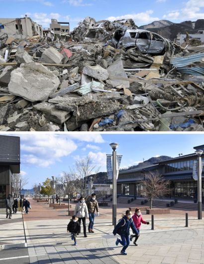 Название: Руины в городе Онагава, пострадавшем от цунами (вверху), и торговый комплекс, построенный в том же районе, на снимке 31 января 2021 года.