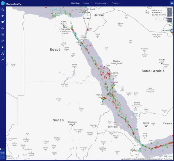 На карте показана пробка на Суэцком канале, Египет, 25 марта 2021 года.