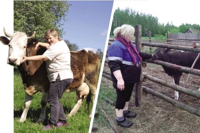 Валентина Банная с кормилицей-коровой и Наталья Кузьменок с любимыми телятами.