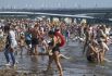 Люди купаются в акватории Финского залива рядом с парком 300-летия Санкт-Петербурга