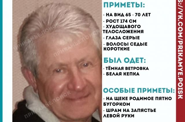 Приметы пропавшего: на вид 65-70 лет, рост 174 сантиметра, худощавого телосложения, глаза серые, волосы седые короткие, на щеке родимое пятно бугорком, шрам на запястье левой руки.