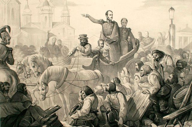 Николай I усмиряет толпу на Сенной площади во время холерного бунта 1831 г.