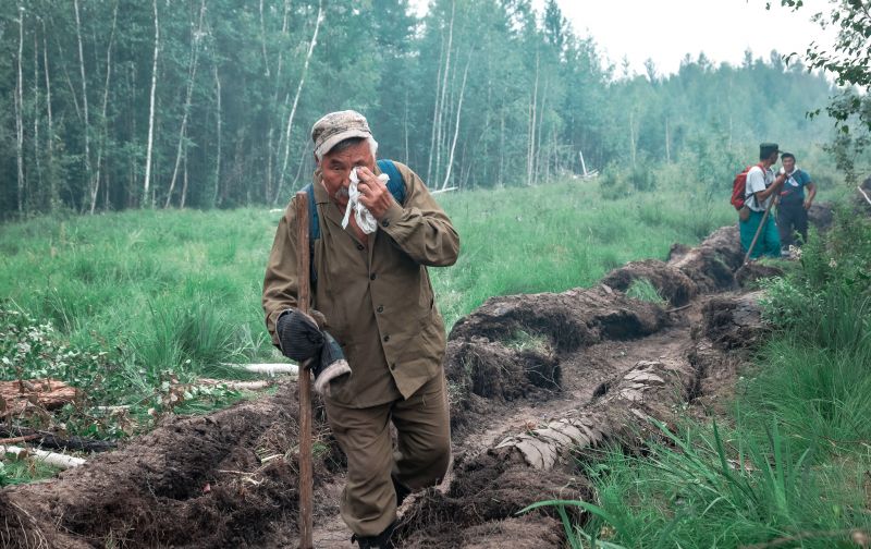Люди копают траншеи во время тушение лесных пожаров в Якутии