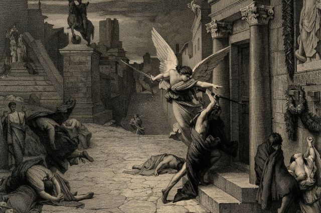 Ангел смерти пробивает дверь во время чумы в Риме. Гравюра.