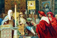 Папские легаты сообщают князю Александру, что именно они будут главными советниками русских князей. Фрагменты картины.