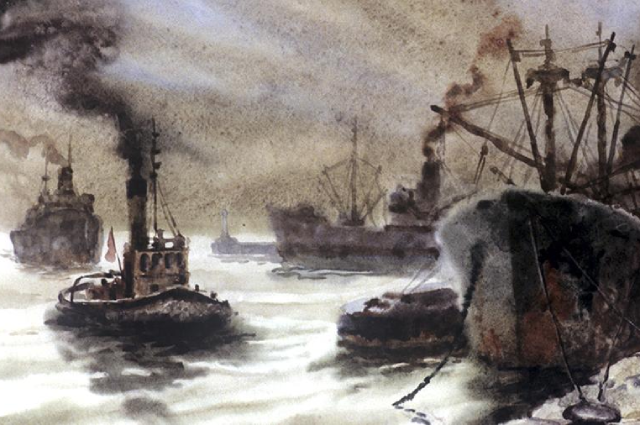 Репродукция картины «Конвой в Мурманском порту» художника-мариниста, капитана дальнего плавания Георгия Челака.