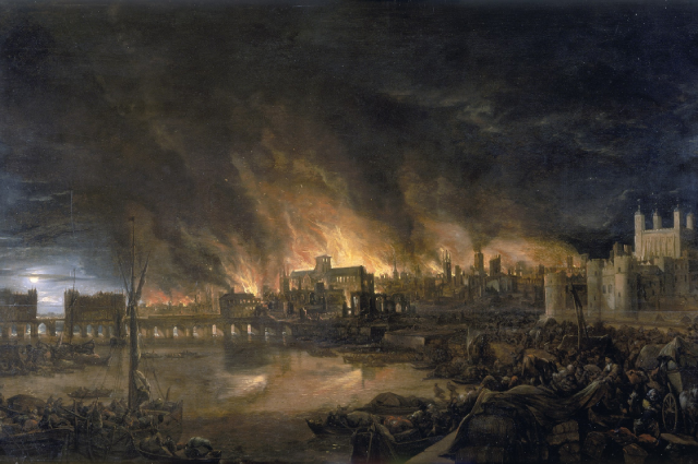 Лондонский пожар вечером 4 сентября, картина неизвестного художника. Вид с Темзы, справа Тауэр, слева Лондонский мост; наиболее высокая стена пламени на месте старого собора Св. Павла.