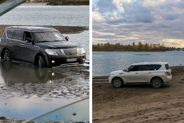 Автомобиль Nissan Patrol застрял посреди обмелевшей Оби в Новосибирске