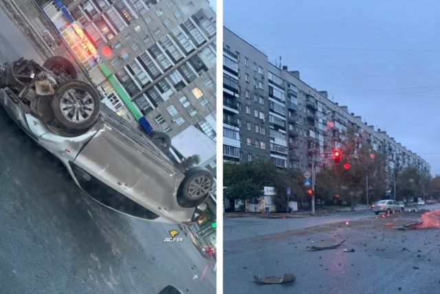 В Новосибирске такси KIA Rio перевернулось после наезда на ограждение