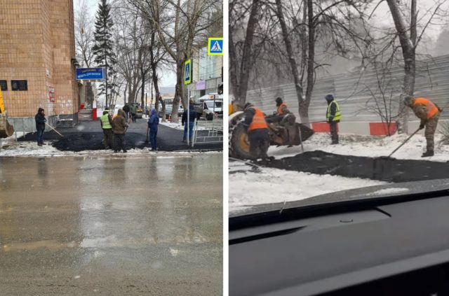 В Советском районе Новосибирска продолжают укладывать асфальт в мокрый снег