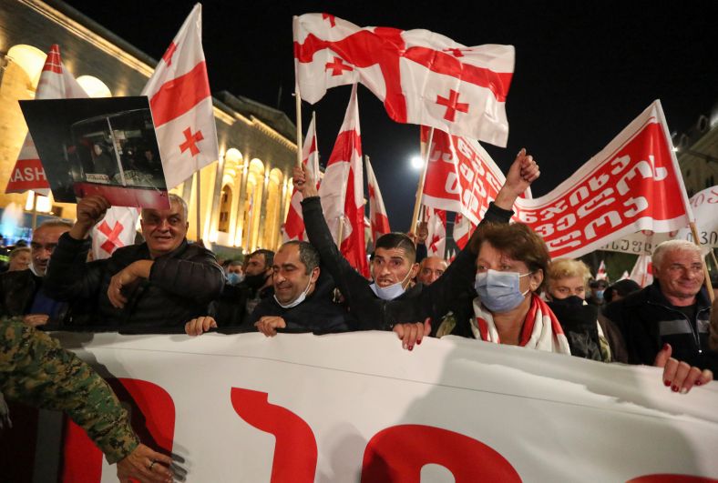Сторонники оппозиционной партии «Единое национальное движение» во время митинга на площади Свободы в поддержку экс-президента Грузии Михаила Саакашвили (8 ноября)