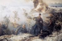 Фрагмент картины художника Владимира Евгеньевича Памфилова «Подвиг гвардейцев-панфиловцев». Репродукция.