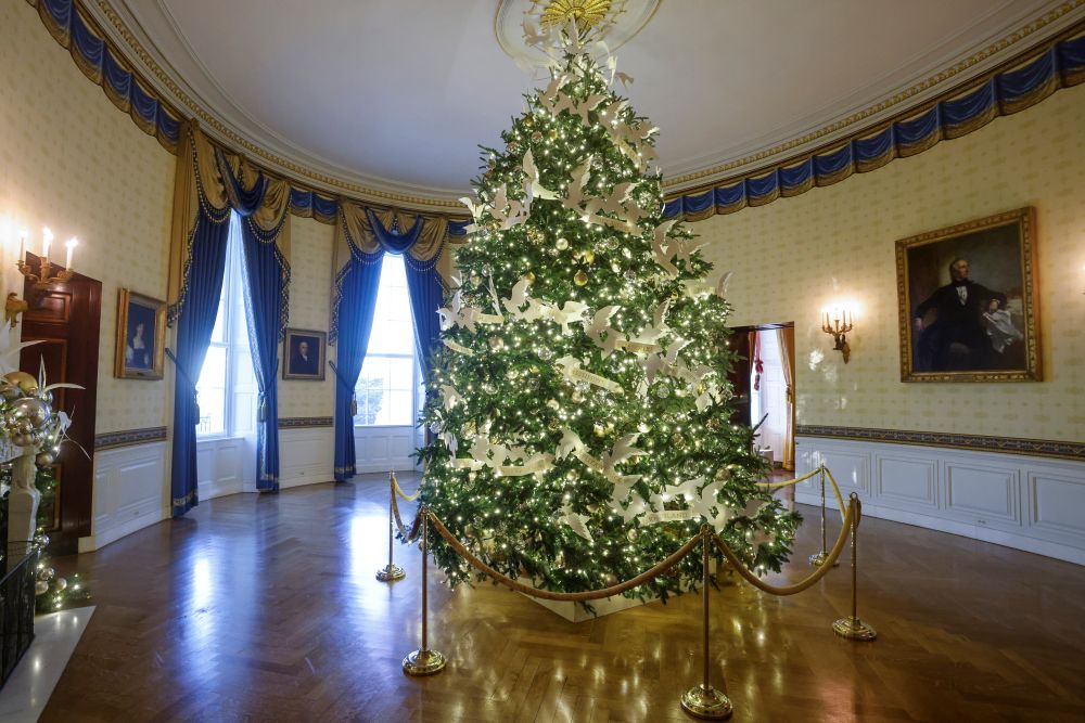 Главное рождественское дерево, пятиметровую пихту, украсили белыми голубями и лентами с названиями всех штатов США