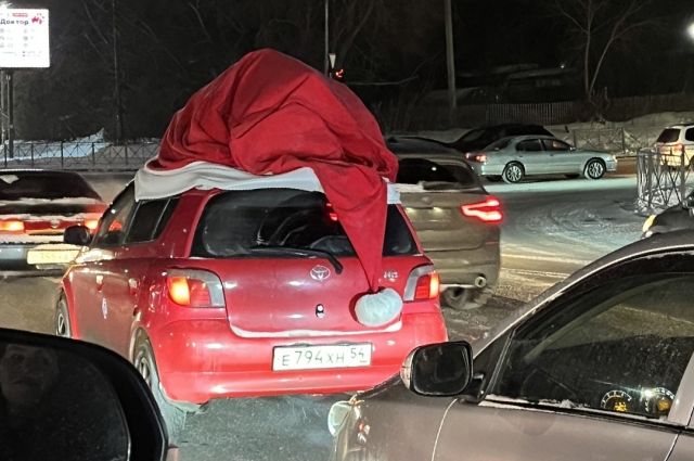 В Новосибирска заметили автомобиль Toyota в шапке Санта-Клауса