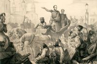 Николай I усмиряет толпу на Сенной площади во время Холерного бунта 1831 г. (гравюра XIX в.).