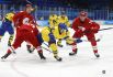 Игрок сборной Швеции Юаким Нордстрём, игроки сборной России (команда ОКР) Вячеслав Войнов и Андрей Чибисов в полуфинальном матче по хоккею среди мужчин между сборными командами России (ОКР) и Швеции на XXIV зимних Олимпийских играх