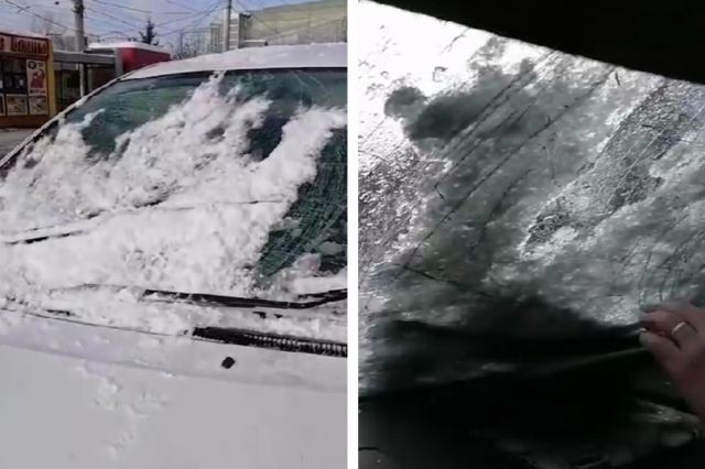 В центре Новосибирска снег с крыши разбил стекло машины во время езды