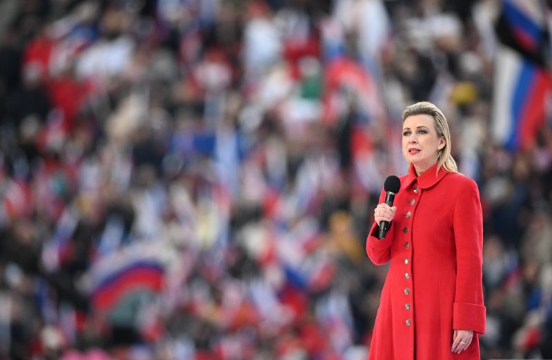 Официальный представитель МИД России Мария Захарова выступает на митинге-концерте в «Лужниках», посвящённом воссоединению Крыма с Россией