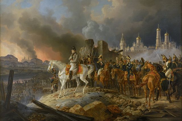 Наполеоновское нашествие и пожар заставили многих в 1812 году покинуть Москву. Картина Альбрехта Адама (Германия) «Наполеон в горящей Москве, 1841», Музеи Московского Кремля.