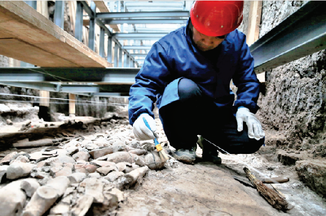 Археолог очищает артефакты, найденные в великой гробнице Цзянцунь на окраине Сианя, провинция Шэньси.