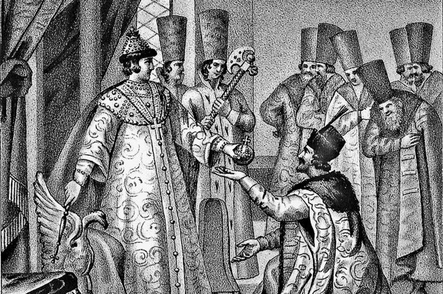 Царь Фёдор Иоаннович делает правителем России Бориса Годунова, 1584 г. Гравюра Б. Чорикова, XIX в.