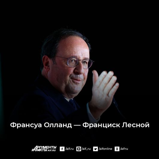 24-й президент Франции (15 мая 2012 — 14 мая 2017 года) Франсуа Олланд. Фамилия Олланд по разным источникам пришла из древнегерманского или из среднеголландского языка, где слово «holtland» обозначает «землю, покрытую лесом». Но в среднеголландском есть и другое созвучное сочетание — «hol land», которым называют «пустошь». Имя Франсуа происходит от позднелатинского имени Франциск (Franciscus — француз, тот, кто родом из Франции). Французских королей, и некоторых аристократов, носивших это имя, в русской традиции называют Францисками.